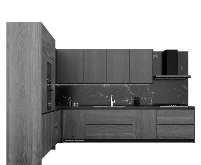 Modern kitchen design featuring dark wooden cabinetry and marble backsplash.