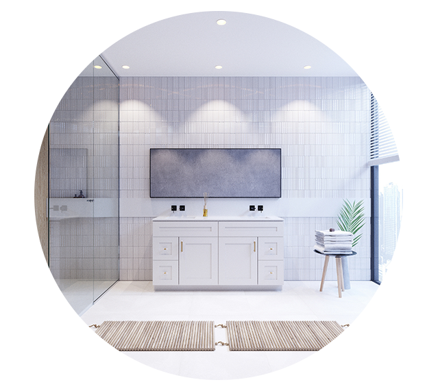 Modern bathroom design featuring a white vanity with gold hardware, a large mirror, and a glass-enclosed shower in a sleek, minimalist setting.