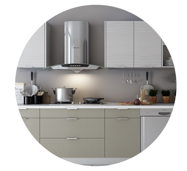 Modern kitchen with sleek beige lower cabinets and light gray upper cabinets, featuring a stainless steel range hood, gas stove, and neatly arranged kitchen tools.