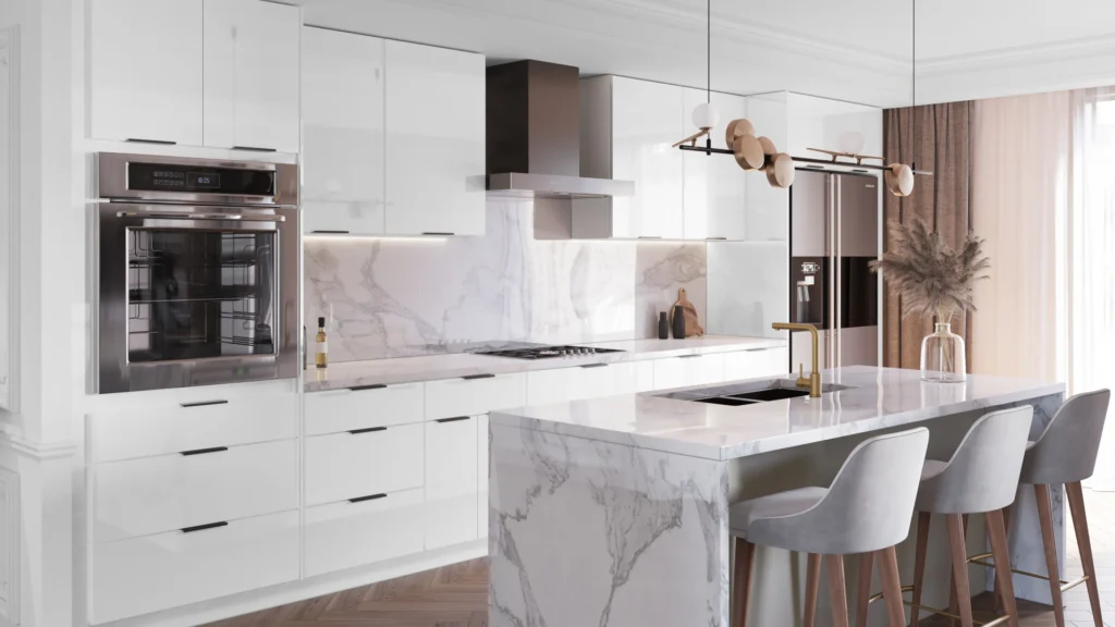 A sleek modern kitchen featuring elegant marble countertops and pristine white cabinets, showcasing contemporary design elements.