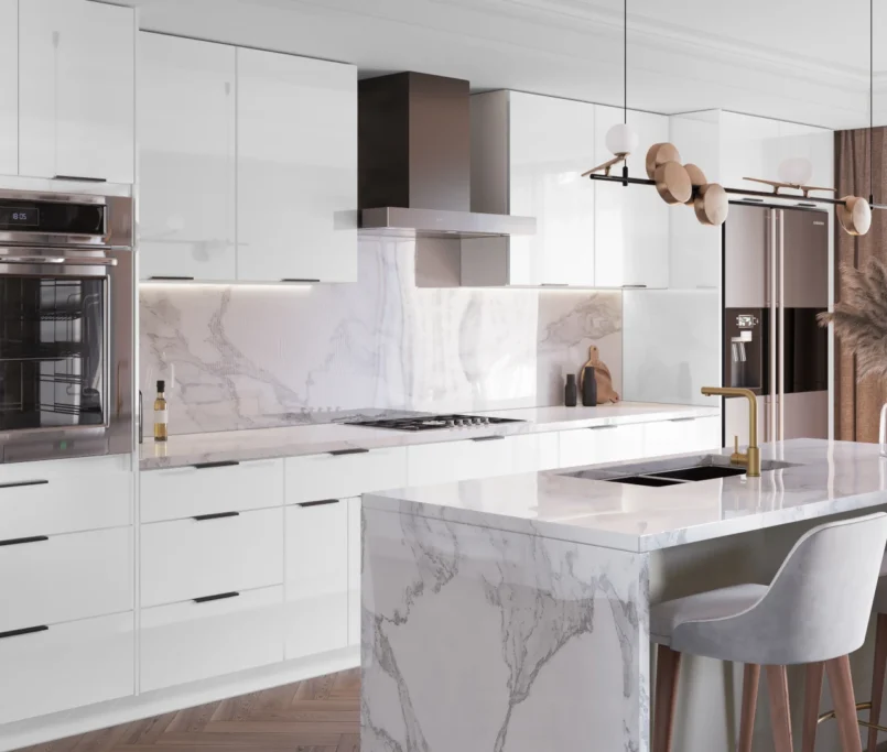 A sleek modern kitchen featuring elegant marble countertops and pristine white cabinets, showcasing contemporary design elements.