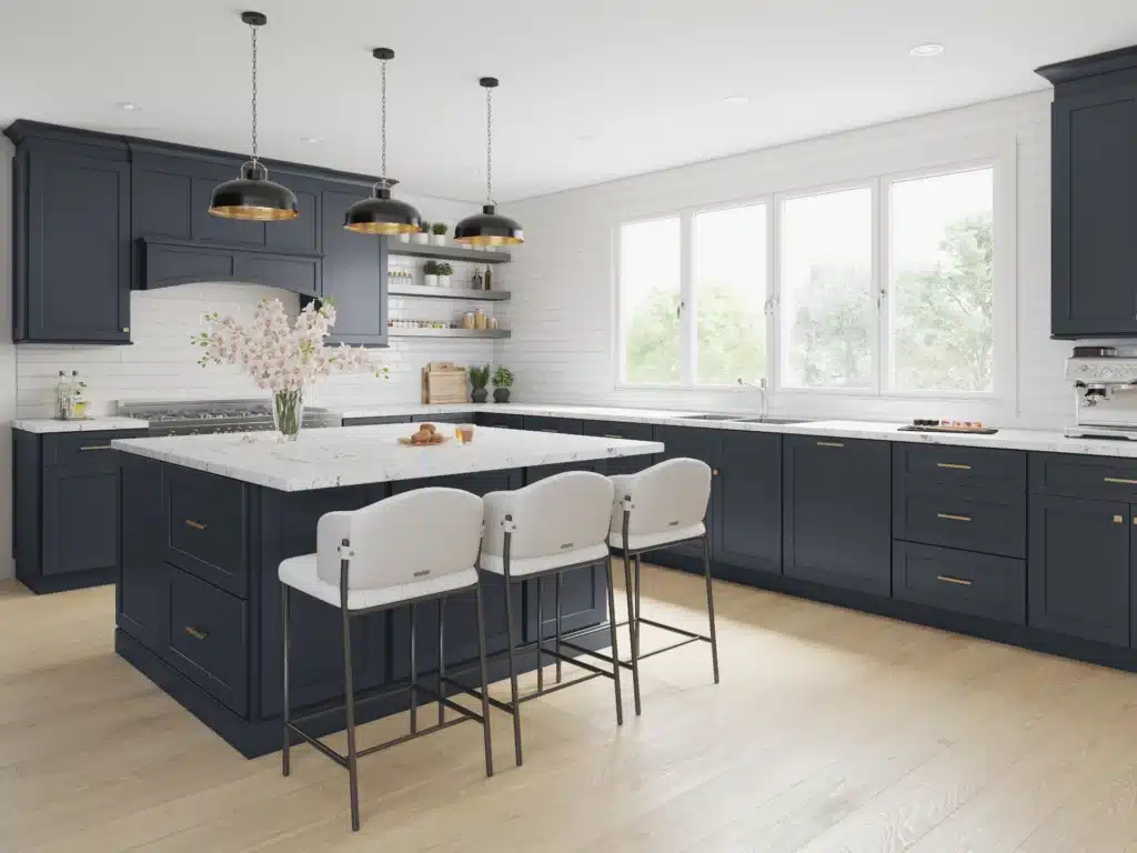 A modern kitchen featuring dark blue cabinets paired with elegant white countertops.