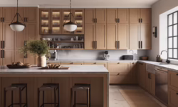 A modern kitchen featuring white cabinets and warm wooden floors, creating a bright and inviting atmosphere.
