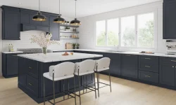 A modern kitchen featuring dark blue cabinets paired with elegant white countertops.