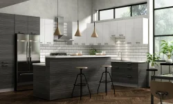 A spacious kitchen featuring a large island and a stylish bar area, perfect for cooking and entertaining guests.