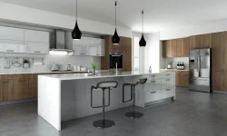 A contemporary kitchen featuring sleek white and wooden cabinets, showcasing a blend of modern design and natural elements.