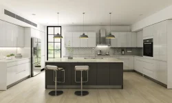 A modern kitchen featuring sleek white cabinets and a contrasting black island, creating a stylish and elegant atmosphere.