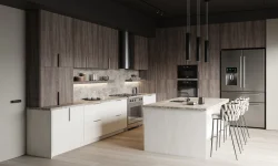 A contemporary kitchen featuring wooden walls and sleek white cabinets, showcasing a blend of warmth and modern design.
